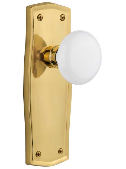 Prairie Door Set with White Porcelain Knobs - No Keyhole in Polished Brass .